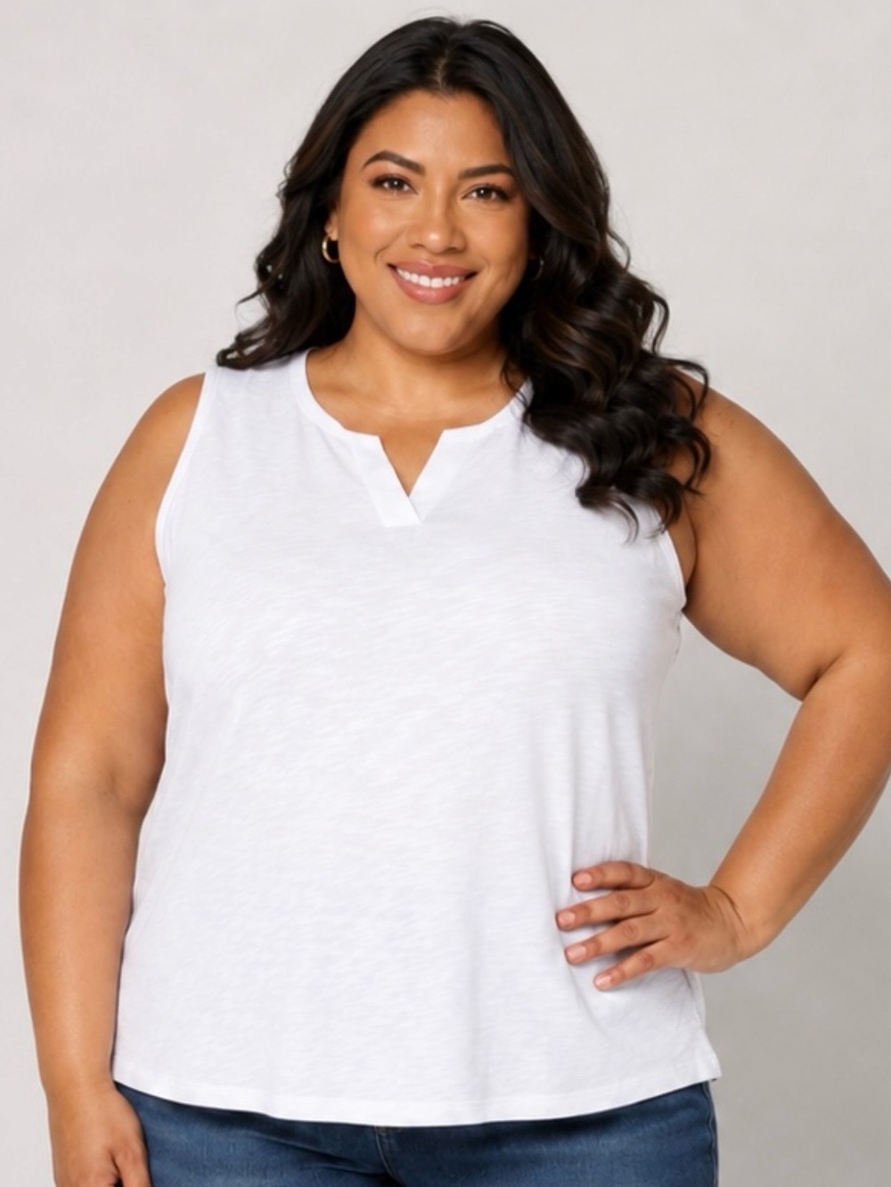 Denim & Co. Essentials Linen Blend Split Neck Tank Top 1X NEW A725177